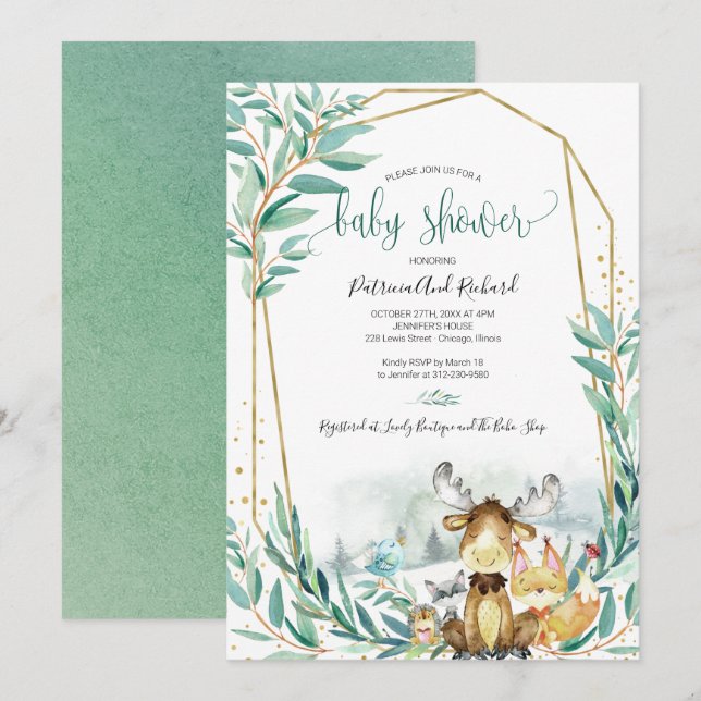 Adorable Woodland Animals Greenery Baby Shower Invitation (Front/Back)