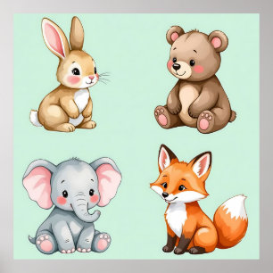 Adorable Woodland Baby Animals Pastel Watercolor Poster