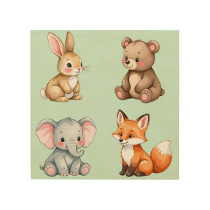 Adorable Woodland Baby Animals Pastel Watercolor Wood Wall Art