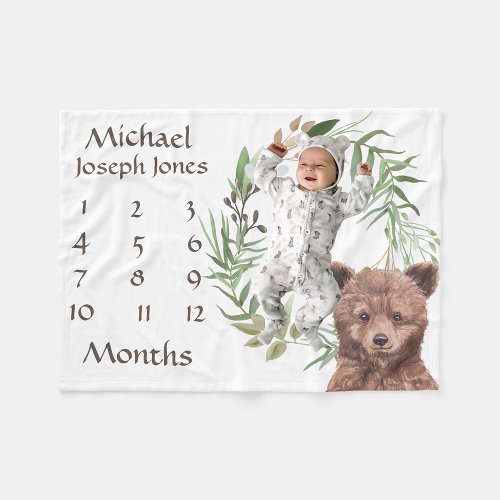 Adorable Woodland Baby Bear Milestone Keepsake  Fleece Blanket