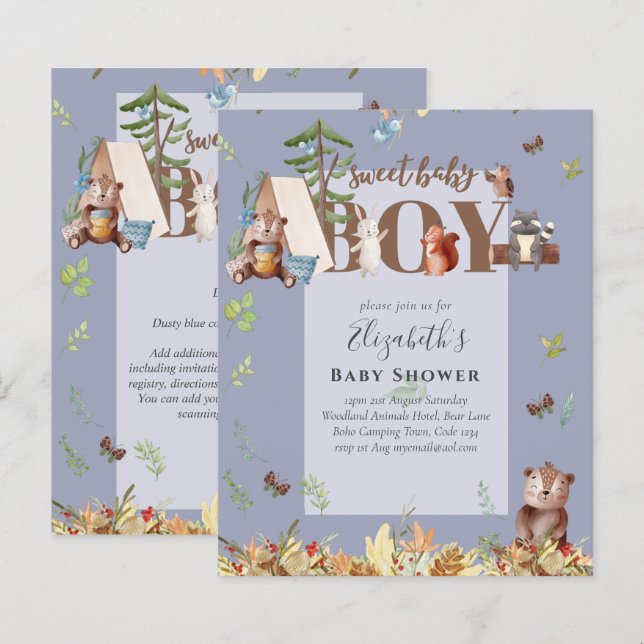 Adorable Woodland Bear Camping Boys Baby Shower In (Front/Back)