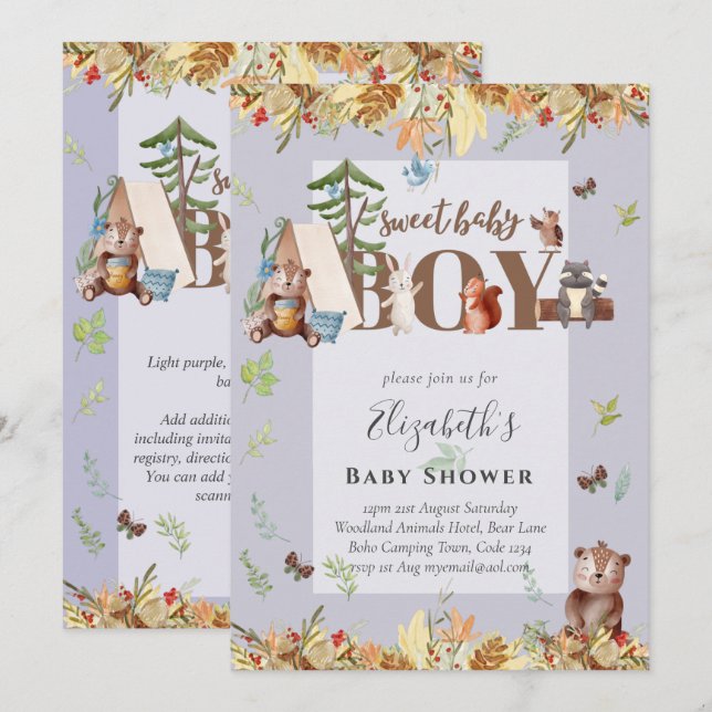 Adorable Woodland Bear Camping Boys Baby Shower In (Front/Back)