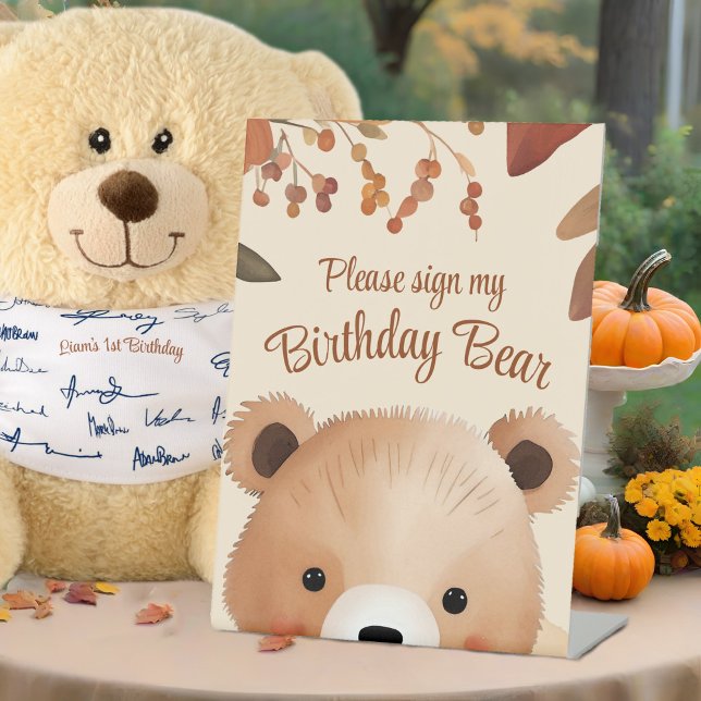Adorable Woodland Bear First Birthday Fall Baby Pedestal Sign (Fall baby's 1st birthday woodland party sign for gift table guestbook signing, cute Autumn animal)