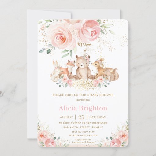 Adorable Woodland Blush Floral Girly Baby Shower Invitation | Zazzle