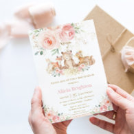 Adorable Woodland Blush Floral Girly Baby Shower Invitation