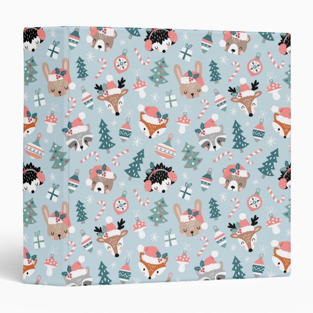 Adorable Woodland Christmas Animal Faces Pattern 3 Ring Binder (Front/Spine)