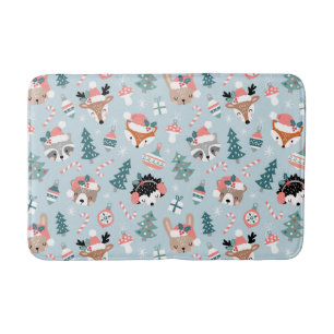 Adorable Woodland Christmas Animal Faces Pattern Bath Mat
