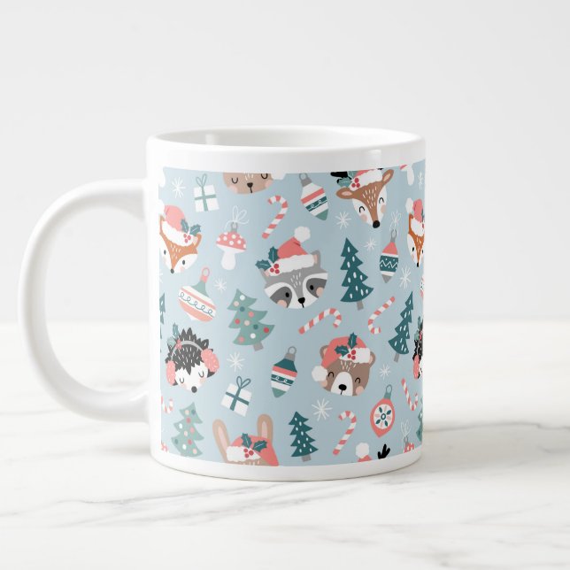 Adorable Woodland Christmas Animal Faces Pattern Giant Coffee Mug (Left)