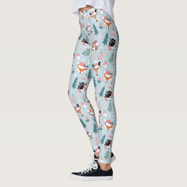 Adorable Woodland Christmas Animal Faces Pattern Leggings (Left)