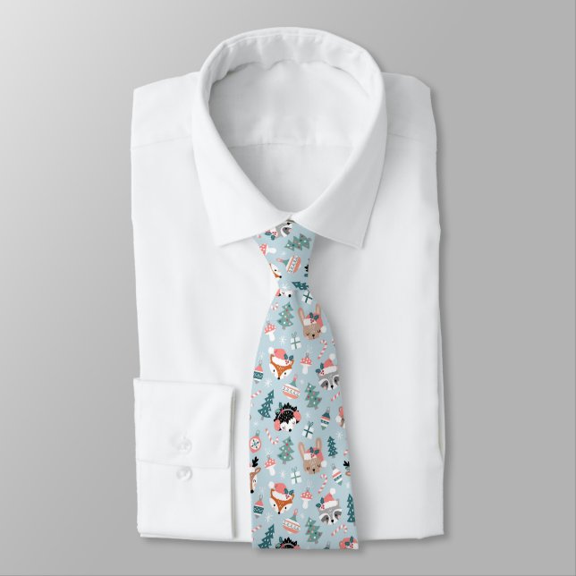 Adorable Woodland Christmas Animal Faces Pattern Neck Tie (Tied)
