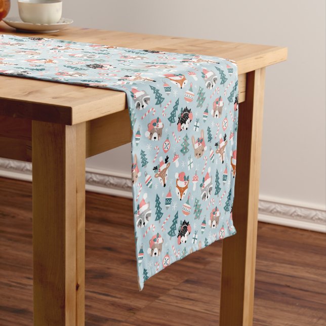 Adorable Woodland Christmas Animal Faces Pattern Short Table Runner (In Situ)