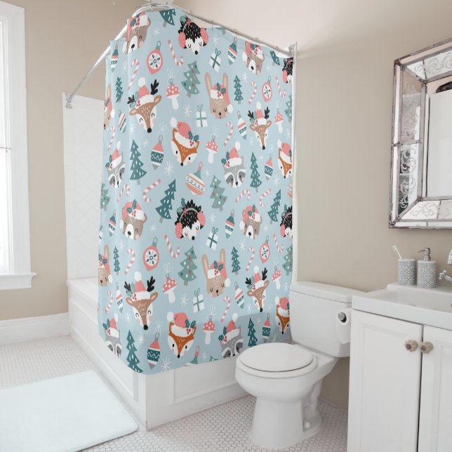 Adorable Woodland Christmas Animal Faces Pattern Shower Curtain (In Situ)