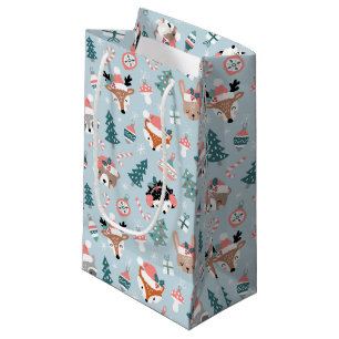 Adorable Woodland Christmas Animal Faces Pattern Small Gift Bag