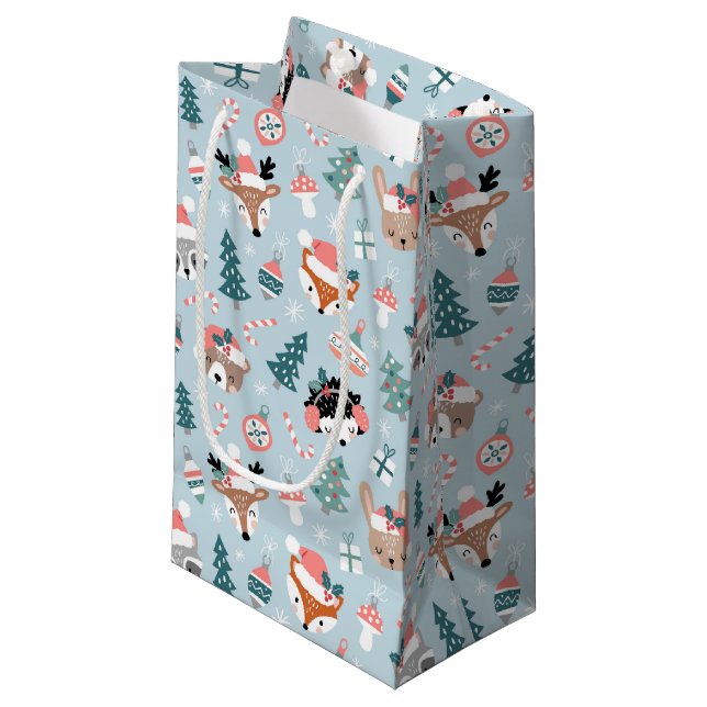 Adorable Woodland Christmas Animal Faces Pattern Small Gift Bag (Front Angled)