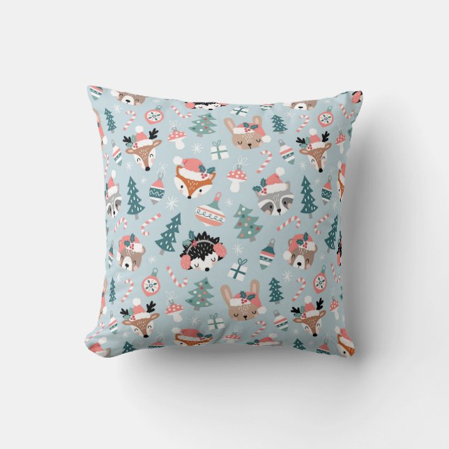 Adorable Woodland Christmas Animal Faces Pattern Throw Pillow (Front)