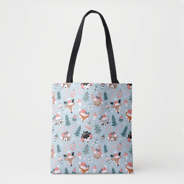 Adorable Woodland Christmas Animal Faces Pattern Tote Bag (Front)