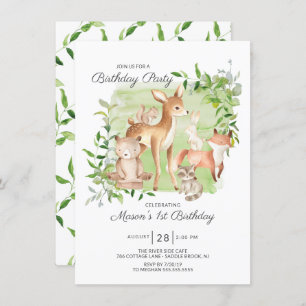 Adorable Woodland Friends Boys 1st Birthday Invitation