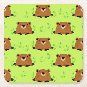 Adorable Woodland Groundhog Pattern Square Paper Coaster