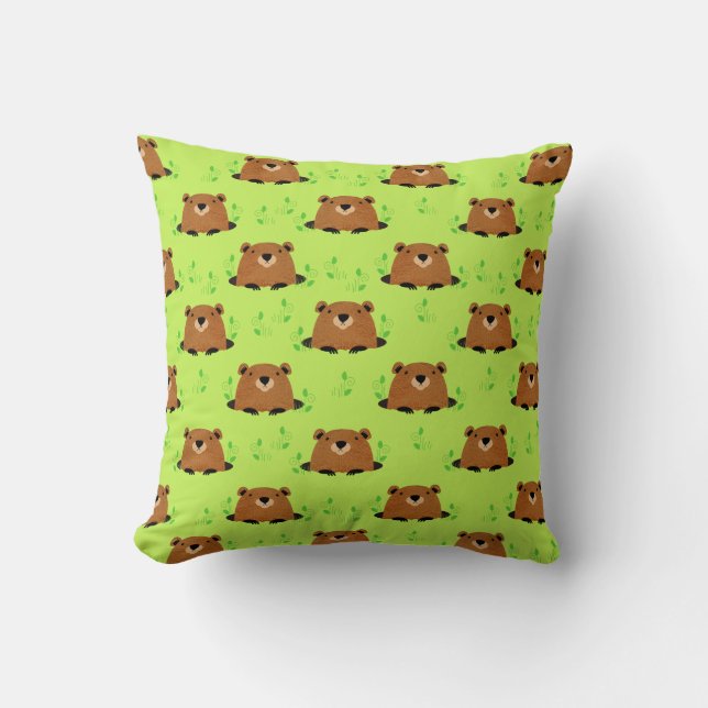 Adorable Woodland Groundhog Pattern Throw Pillow (Front)