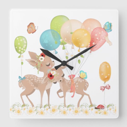 Adorable Woodlands Deer Colorful Balloons Square Wall Clock