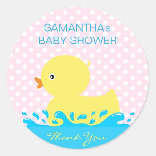 Adorable Yellow Blue Pink Rubber Ducky Baby Shower Classic Round Sticker
