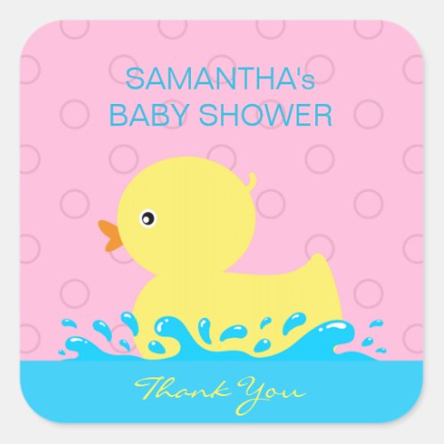 Adorable Yellow Blue Pink Rubber Ducky Baby Shower Square Sticker