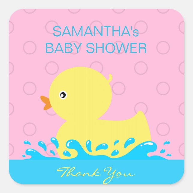 Adorable Yellow Blue Pink Rubber Ducky Baby Shower Square Sticker (Front)