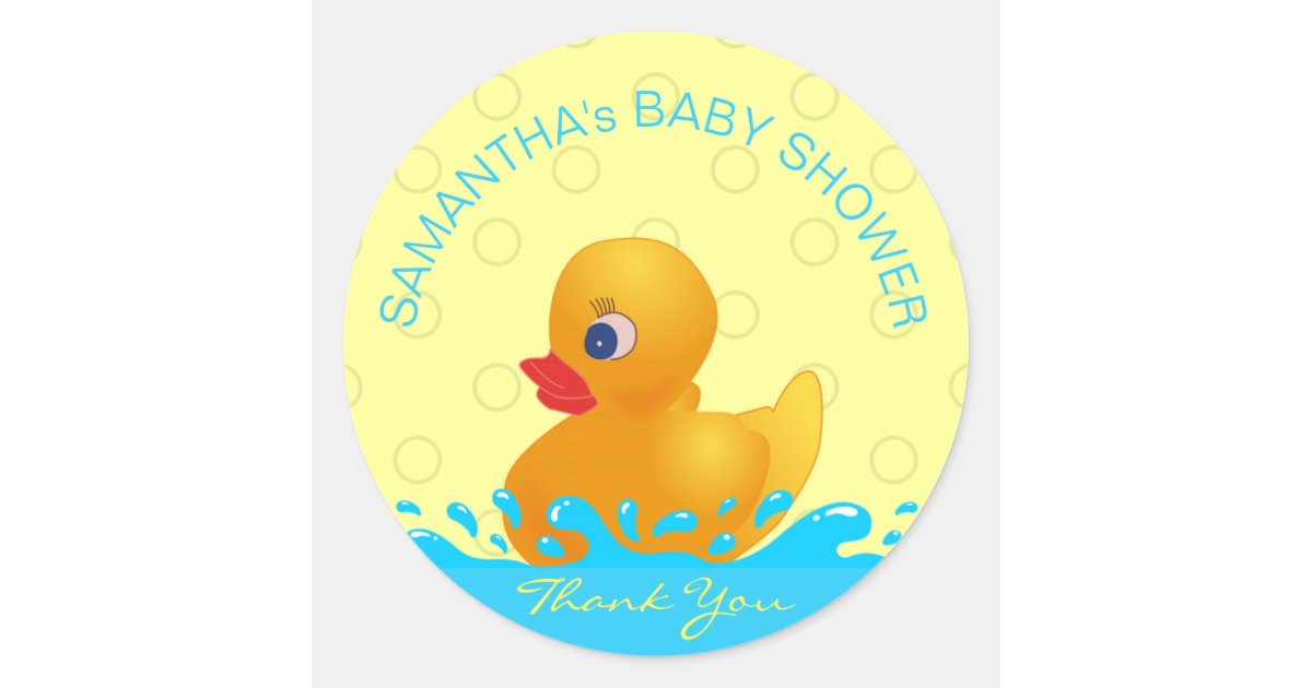 Adorable Yellow Blue Rubber Ducky Baby Shower Classic Round Sticker Zazzle Com