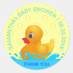 Adorable Yellow Blue Rubber Ducky Baby Shower Classic Round Sticker