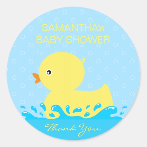 Adorable Yellow Blue Rubber Ducky Baby Shower Classic Round Sticker