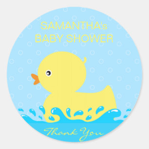 Adorable Yellow Blue Rubber Ducky Baby Shower Classic Round Sticker