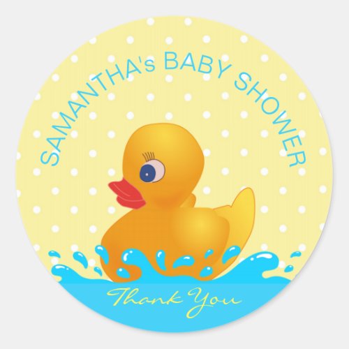 Adorable Yellow Blue Rubber Ducky Baby Shower Classic Round Sticker