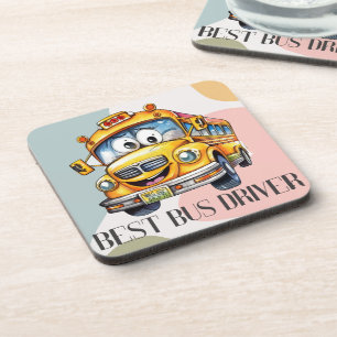 Adorable Yellow Cartoon Best School Bus Driver Beverage Coaster