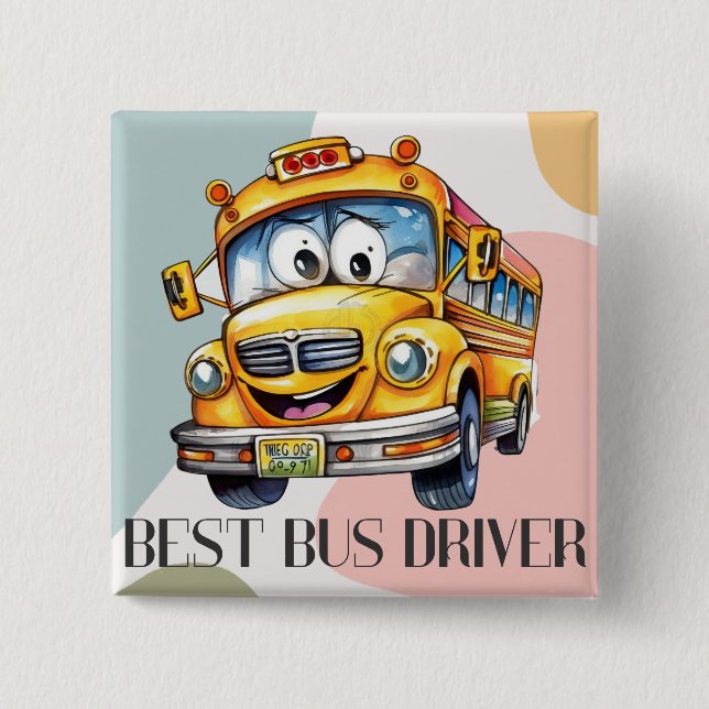Adorable Yellow Cartoon Best School Bus Driver Button (Front)