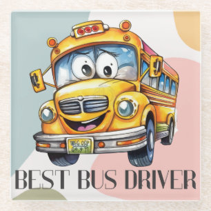 Adorable Yellow Cartoon Best School Bus Driver Glass Coaster