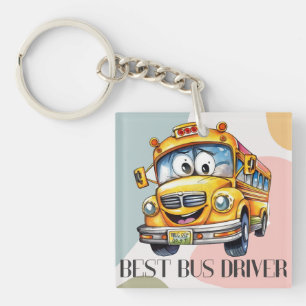 Adorable Yellow Cartoon Best School Bus Driver Keychain
