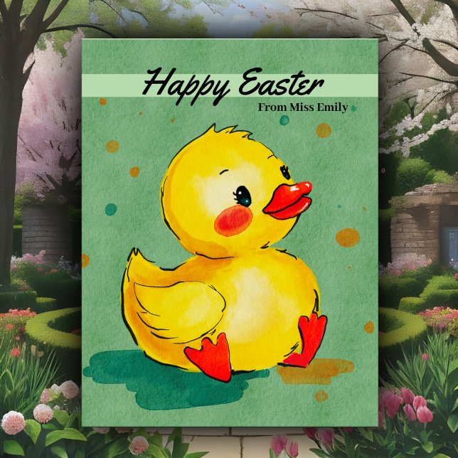 Adorable Yellow Duckling Easter Sweet Watercolor Holiday Postcard (Cute watercolor baby duck personalized postcard art of a yellow Easter duckling in Springtime green)