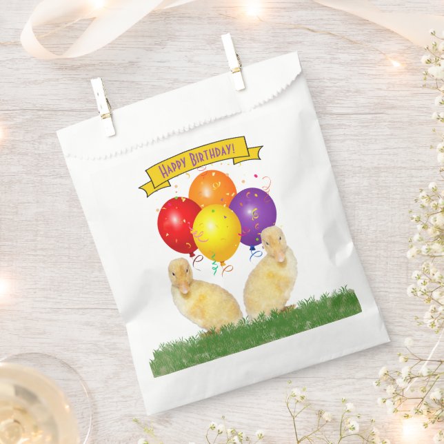 Adorable Yellow Ducklings Happy Birthday Balloons Favor Bag (Clipped)