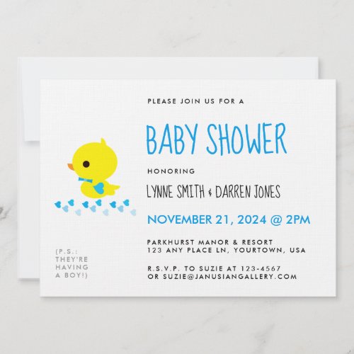 Adorable Yellow Ducky Boy Baby Shower Invitation