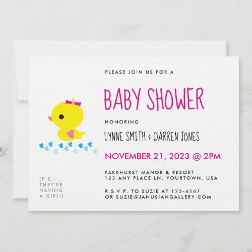 Adorable Yellow Ducky Girl Baby Shower Invitation