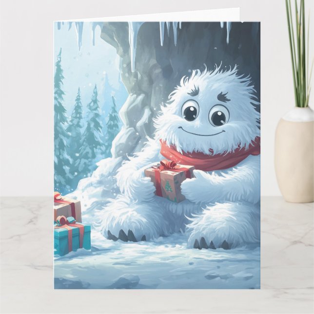 Adorable Yeti with Christmas Presents in a Cave Card (Front)