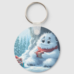 Adorable Yeti with Christmas Presents in a Cave Keychain