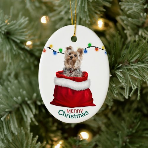 Adorable Yorkie Dog in Holiday Gift Bag Ceramic Ornament