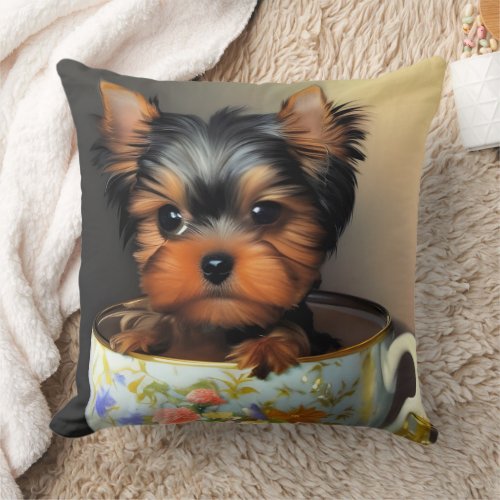 Adorable Yorkie In A Teacup Digital Painting Throw Pillow