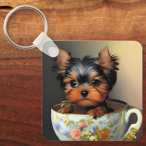Adorable Yorkie In A Teacup  Keychain