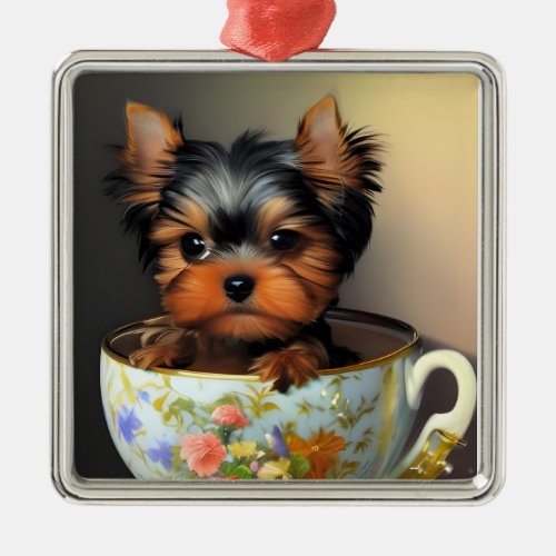 Adorable Yorkie In A Teacup   Metal Ornament