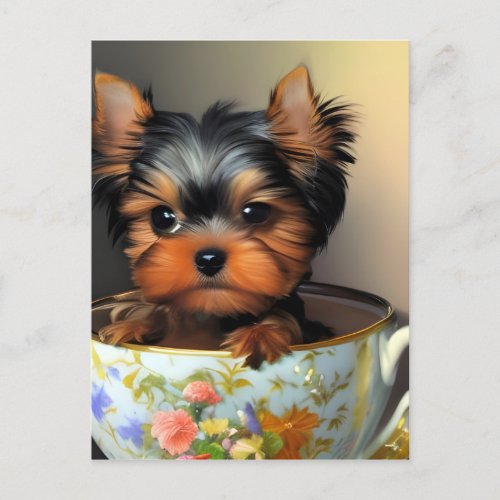 Adorable Yorkie In A Teacup  Postcard