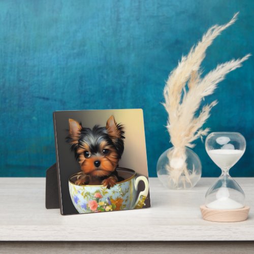 Adorable Yorkie In A Teacup Tabletop Art Plaque
