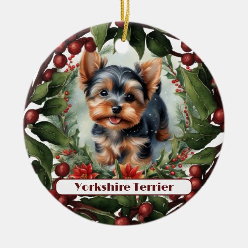 Adorable Yorkie Personalized Christmas  Ceramic Ornament
