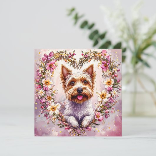 Adorable Yorkie Surrounded by Floral Wreath (Standing Front)